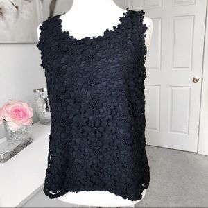 Catherine Malandrino Sleeveless Top Women Small Navy Floral Lace Crochet Overlay